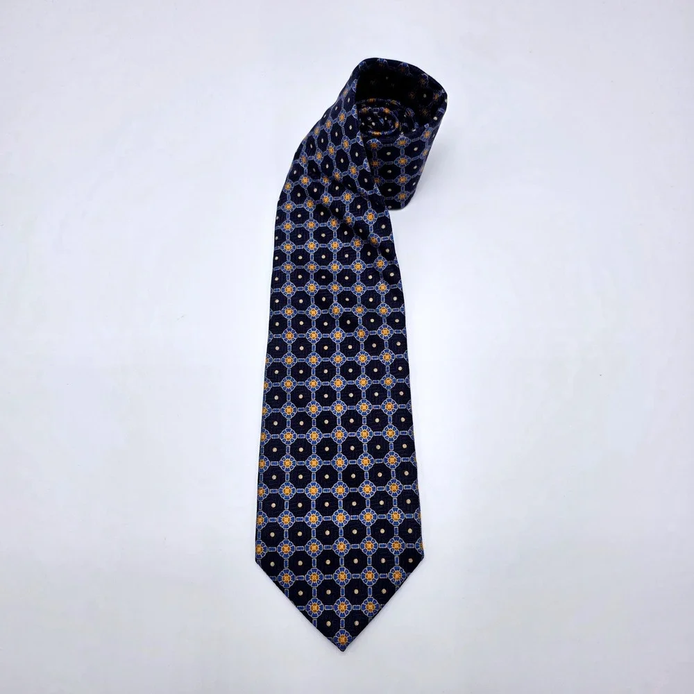 Wartsila Melissa Group Navy Blue Gold Silk Geometric Medallion Tie Made in Italy